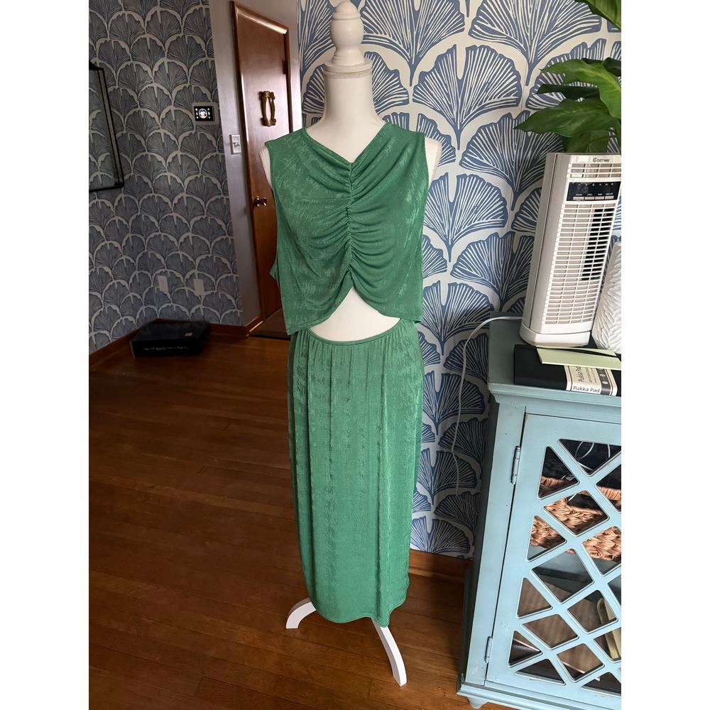 PRETTYLITTLETHINGS Ruched Green Shimmer Cut-Out Tank Dress Sz. 18 - Picture 2 of 9